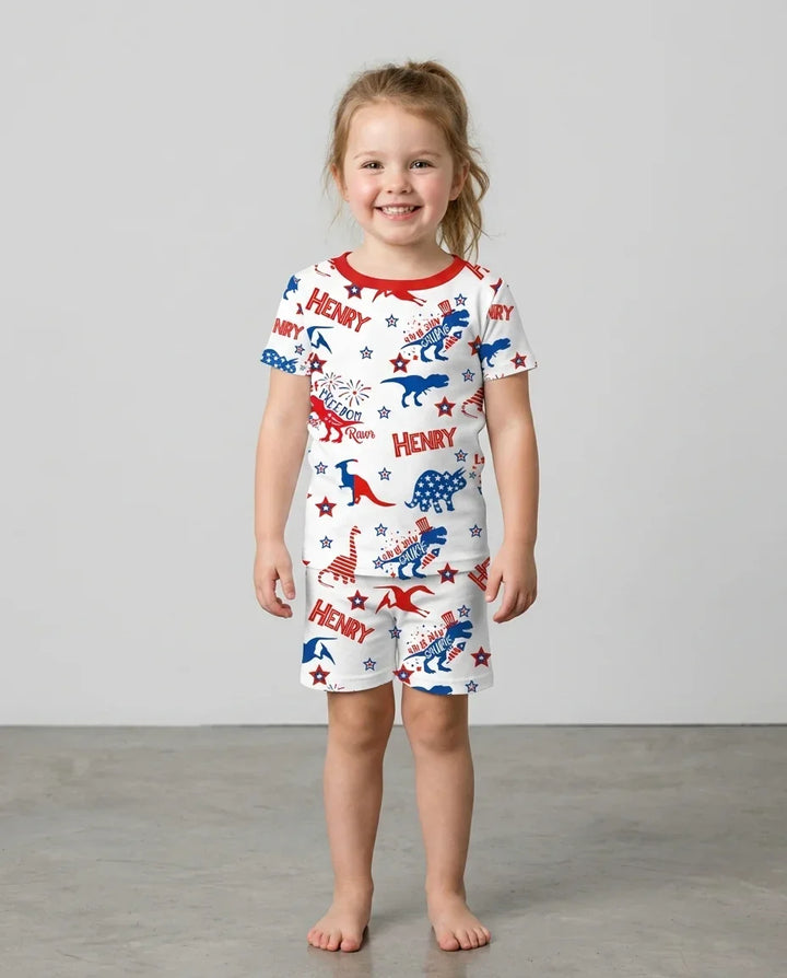 Custom Name Patriotic Dinosaur Bamboo Two Piece Short Sleeve Shorts Pajama Set