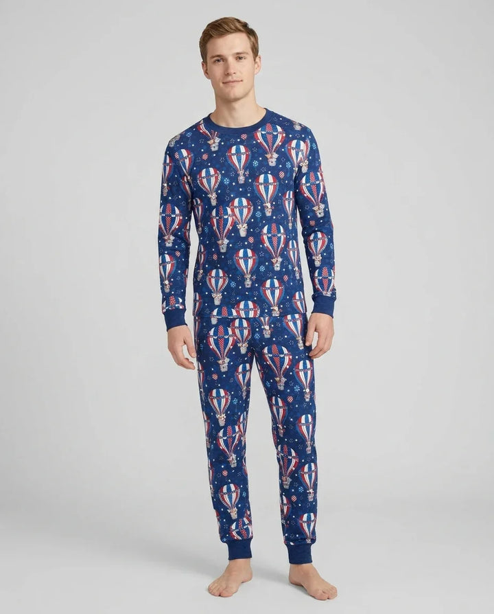 Pijamas de bambú para hombre a juego con la familia: "Cachorros Patrióticos en Globos Aerostáticos"