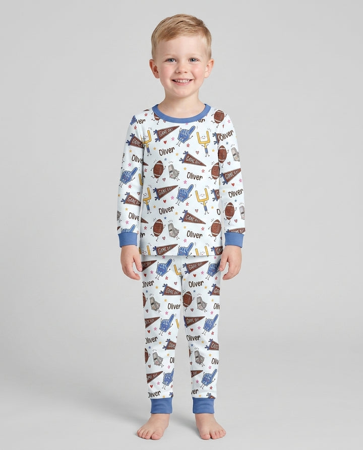 Custom Name Football Game Day Bamboo Two Piece Long Sleeve Pajama Set