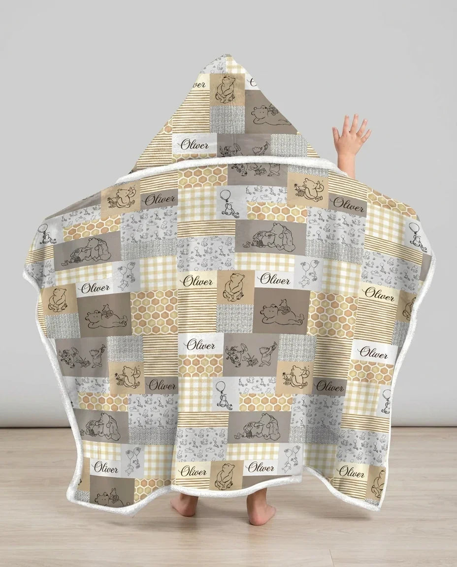 Personalized Classic Bear Patchwork  Bamboo Wearable Hooded Blanket