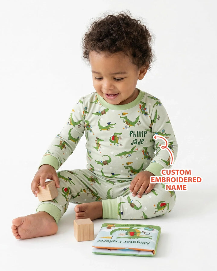 Pijama de dos piezas de bambú con caimán bordado y nombre personalizado de manga larga