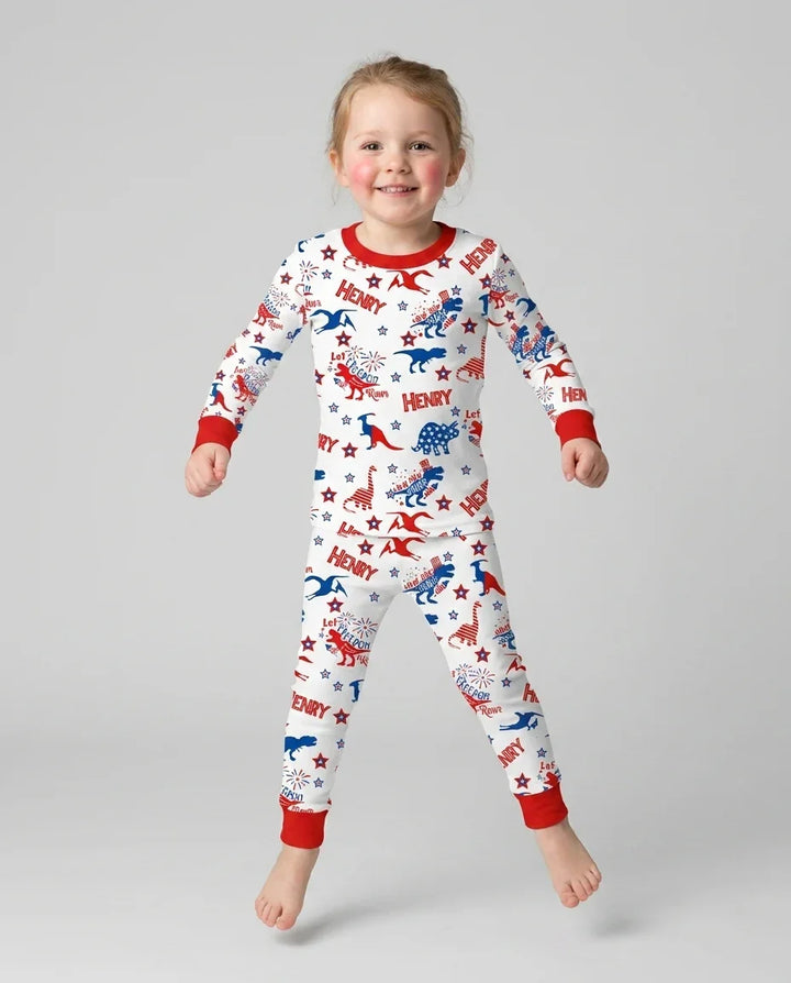 Custom Name Patriotic Dinosaur Bamboo Two Piece Long Sleeve Pajama Set