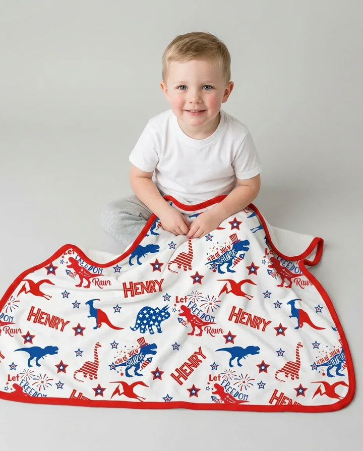 Custom Name Patriotic Dinosaur Bamboo Blanket