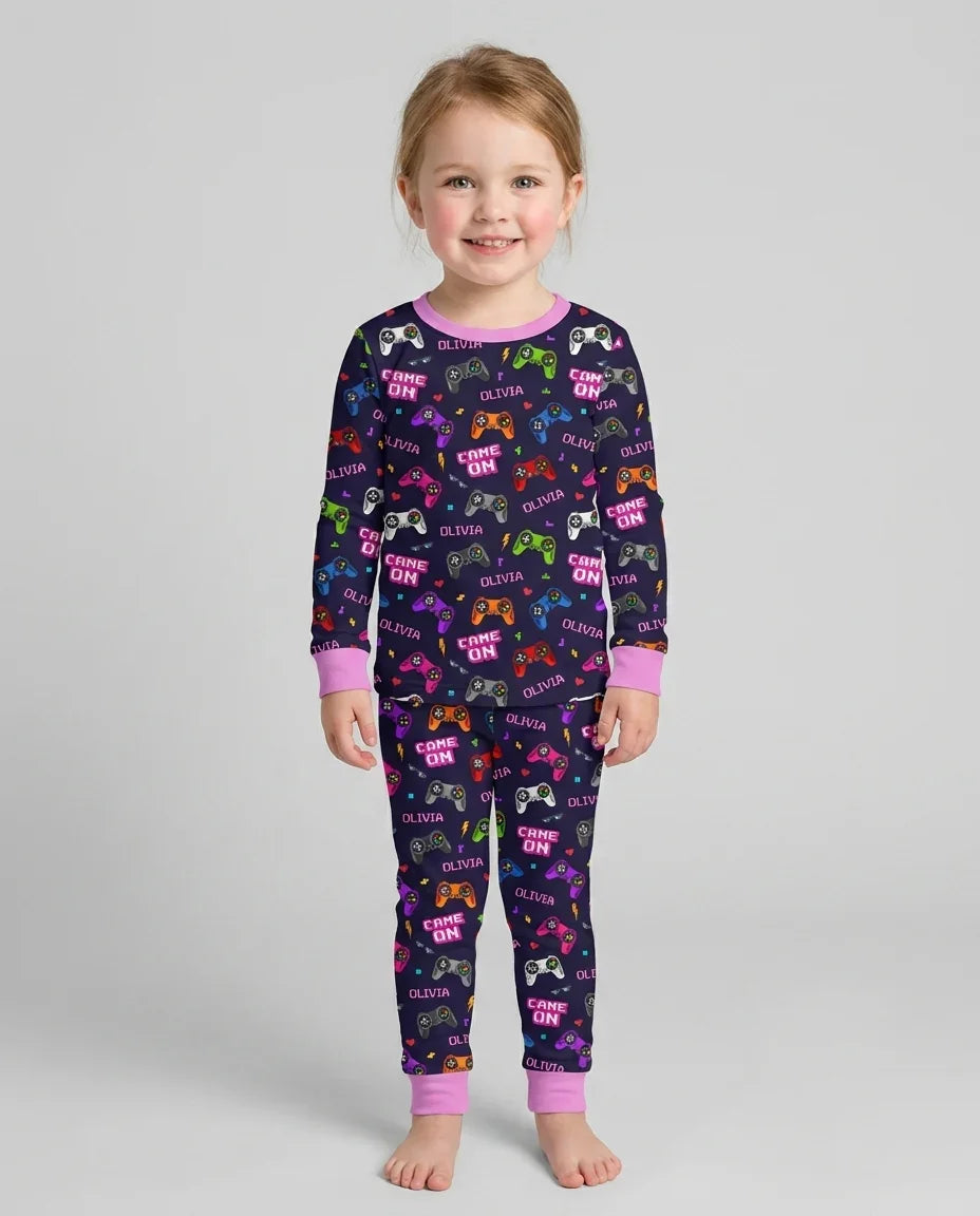 Custom Name Game On Family Matching Bamboo Two Piece Long Sleeve Pajama Set