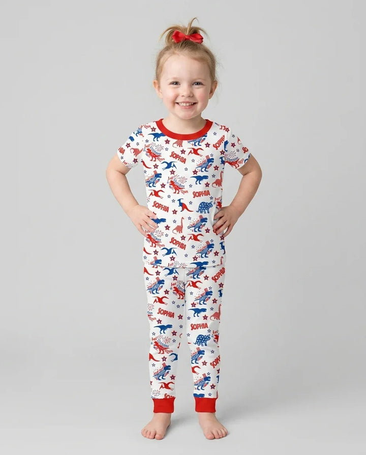 Custom Name Patriotic Dinosaur Bamboo Two Piece Short Sleeve Pajama Set