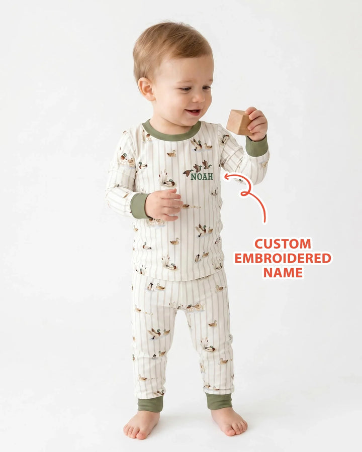 Custom Embroidered Name Mallard Duck  Bamboo Two Piece Long Sleeve Pajama Set