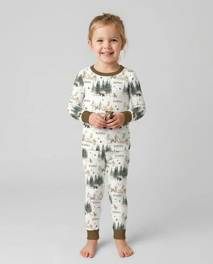 Custom Name Forest Bear Deer Bamboo Two Piece Long Sleeve Pajama Set