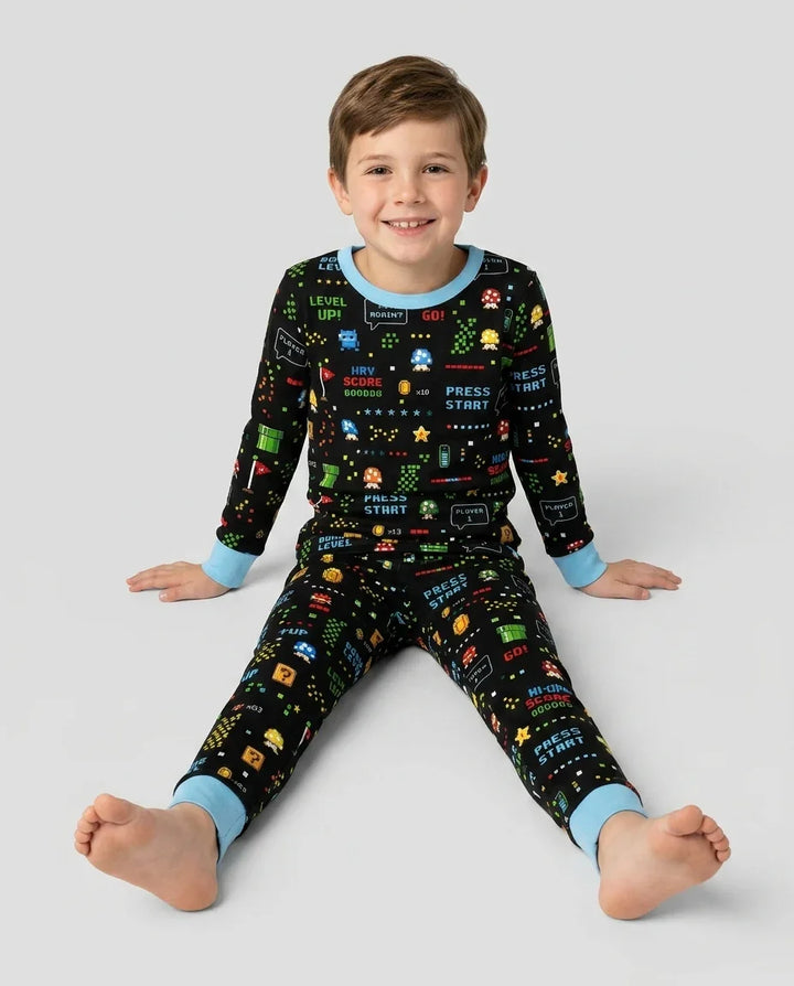 Pijama de dos piezas de manga larga de bambú con motivos de amantes de los videojuegos Pixel