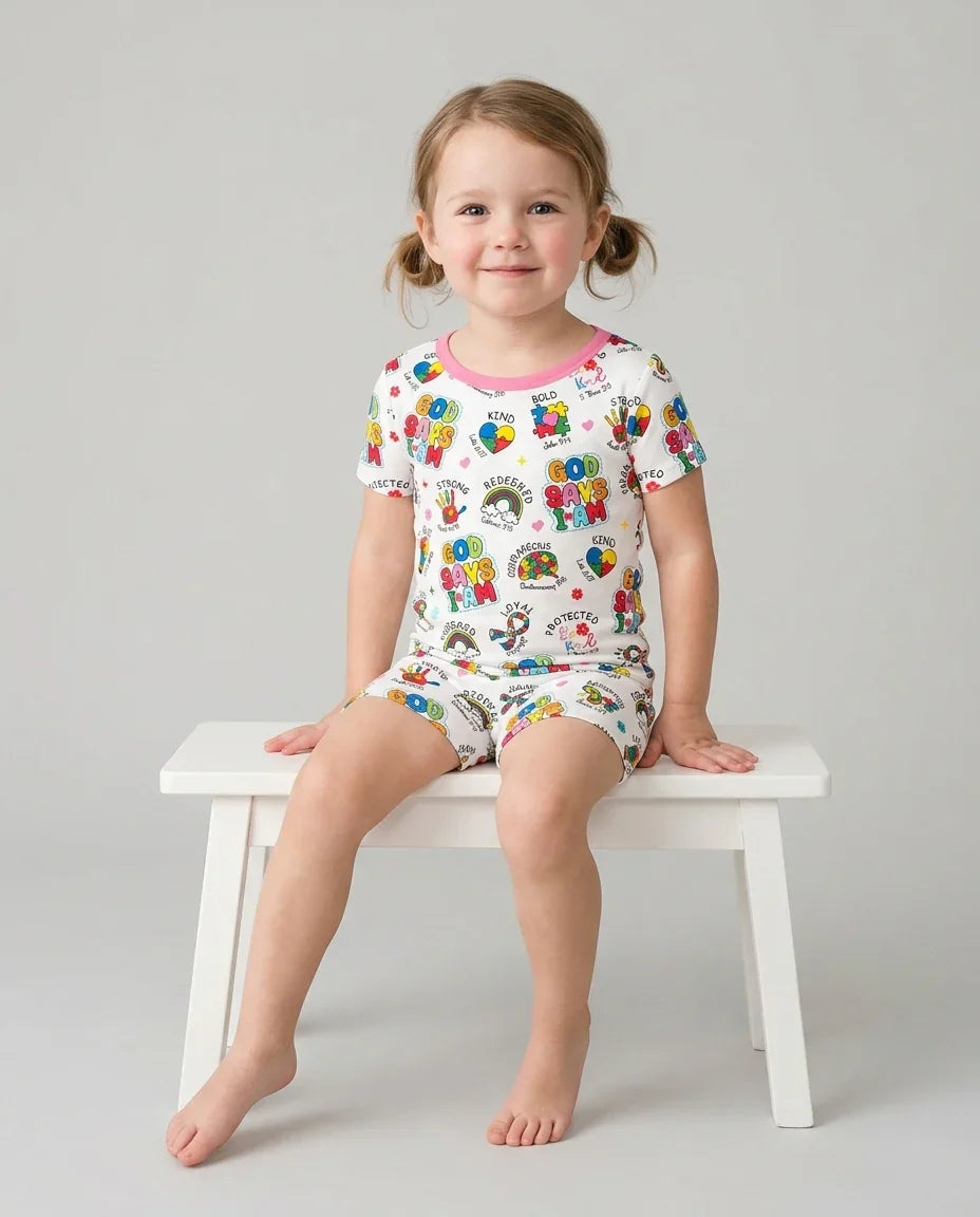 God Says I Am Autism Awareness Two Piece Short Sleeve Shorts Pajama Set