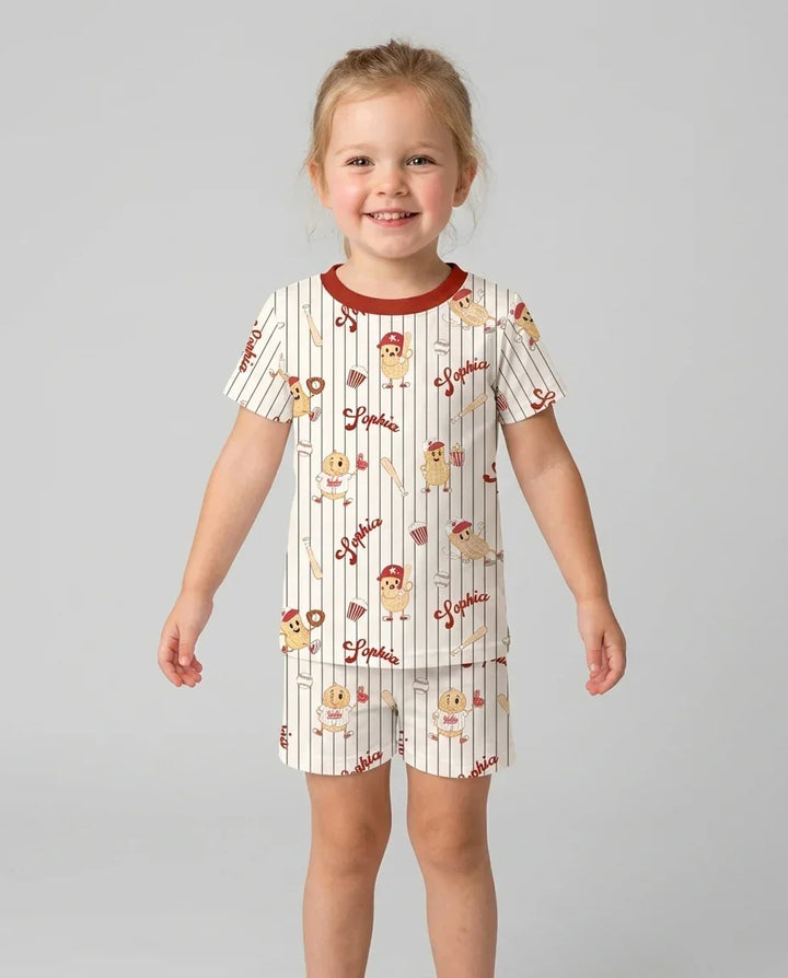 Custom Nam Retro Ballgame Bamboo Two Piece Short Sleeve Shorts Pajama Set