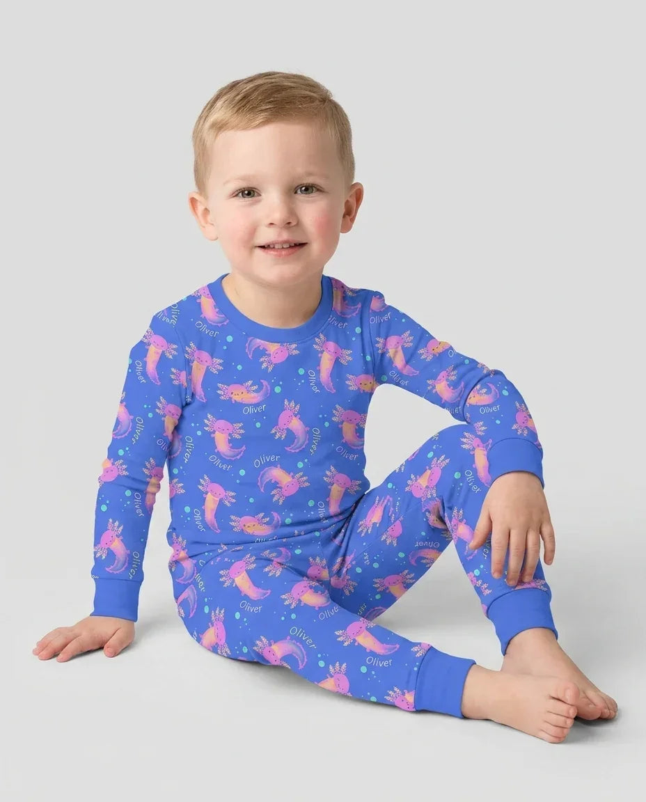 Pijama de dos piezas de manga larga de bambú con nombre personalizado y diseño de ajolote que brilla en la oscuridad