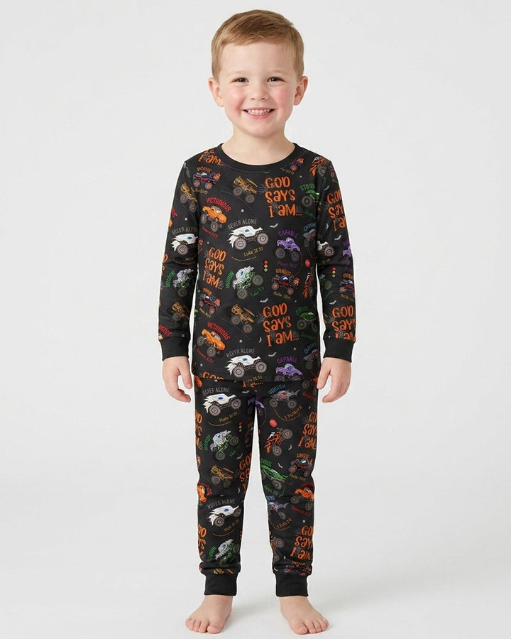 God Says I Am BOY Halloween Monster Truck  Bamboo Two Piece Long Sleeve Pajama Set