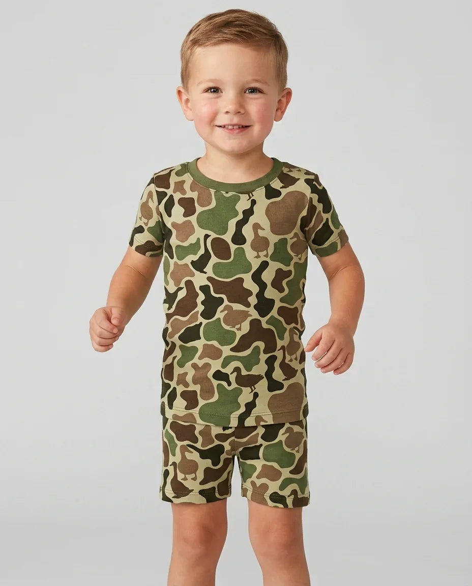 Mallard Duck Hunting Camouflage Bamboo Two Piece Short Sleeve Shorts Pajama Set