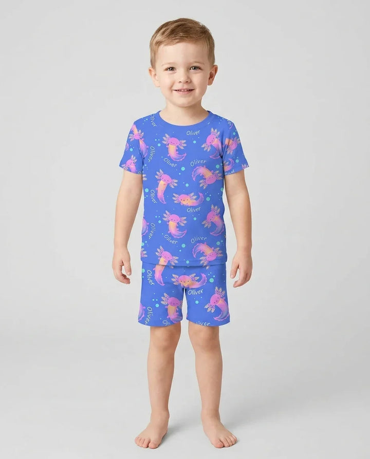Conjunto de pijama de dos piezas de bambú con nombre personalizado de Axolote que brilla en la oscuridad, de manga corta y pantalón corto
