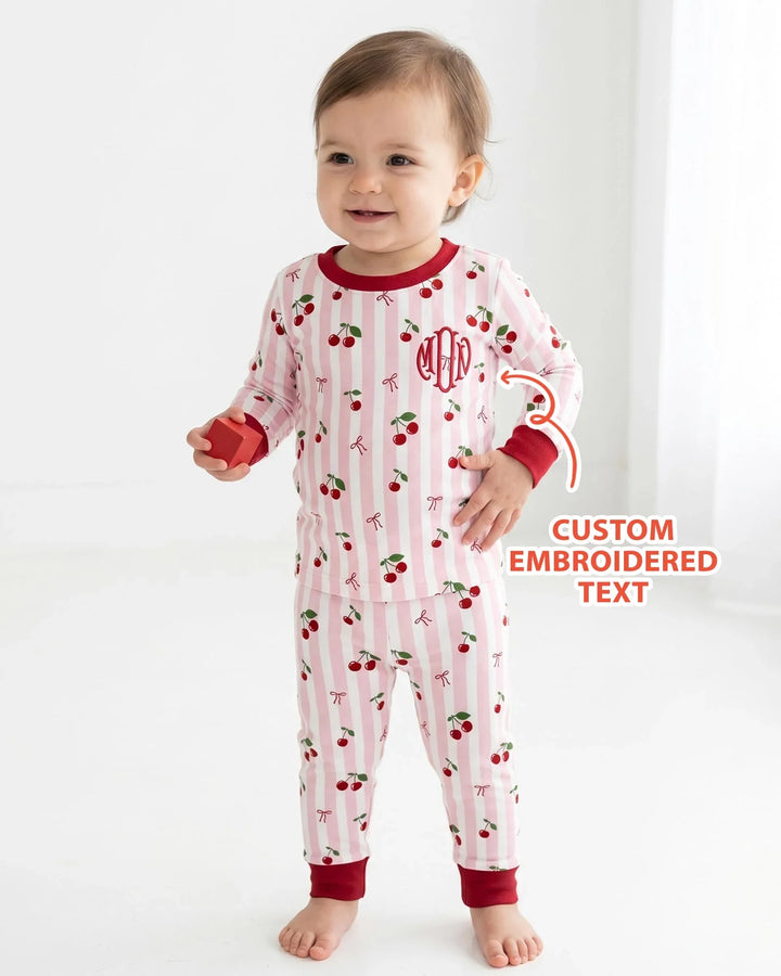 Personalized Embroidered Monogram Letter Bamboo Two Piece Long Sleeve Pajama Set