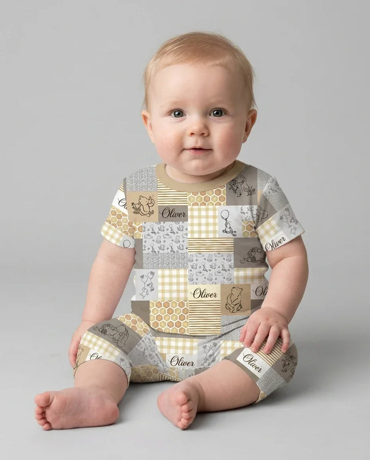 Personalized Classic Bear Patchwork  Bamboo Two Piece Short Sleeve Shorts Pajama Set
