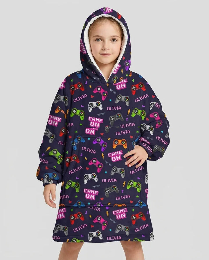 Sudadera con capucha y manta de bambú a juego para la familia con nombre personalizado "Game On"