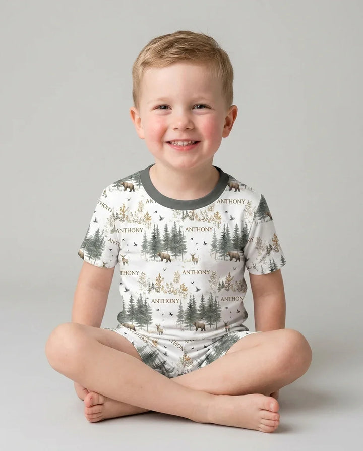 Conjunto de pijama de dos piezas con pantalones cortos y manga corta, oso de bosque, ciervo, bambú, nombre personalizado