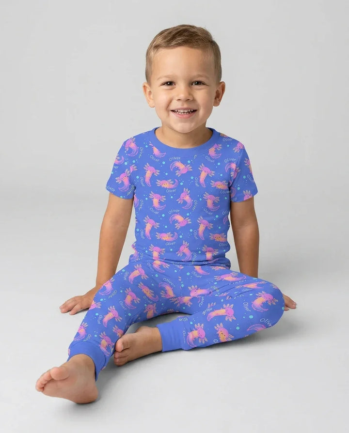 Axolotl Glow Custom Name Bamboo Two Piece Short Sleeve Pajama Set