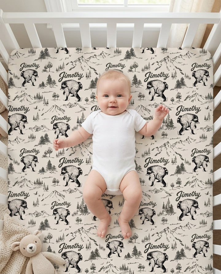 Vintage Jimothy Racoon Family Matching Bamboo Fitted Crib Sheet
