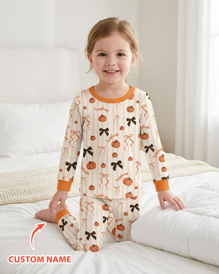 Custom Name Coquette Pumpkin Bow Fall Bamboo Two Piece Long Sleeve Pajama Set