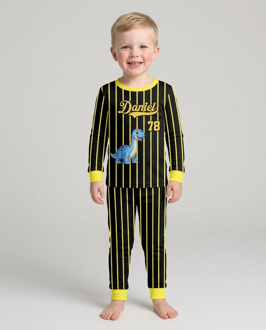 Personalized Retro Stripe Dinosaur T-Rex Bamboo Two Piece Long Sleeve Pajama Set