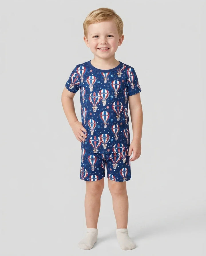 Patriotic Pups in Hot Air Balloons Family Matching Bamboo Two Piece Short Sleeve Shorts Pajama Set
