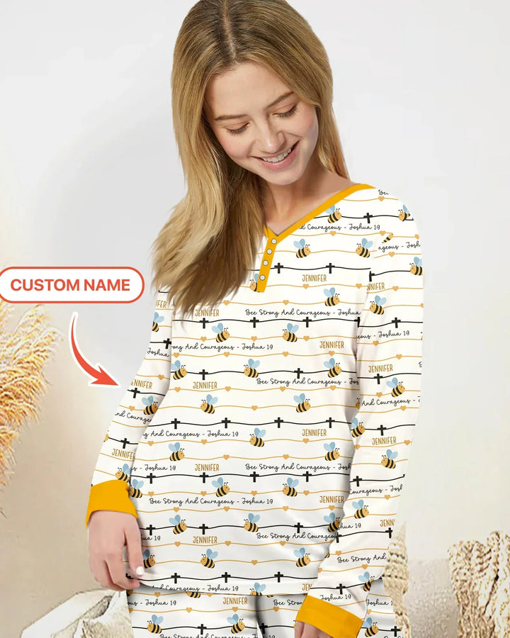 Bee Strong And Courageous Custom Name Bamboo Women Pajama Set