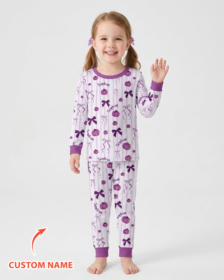 Custom Name Coquette Pumpkin Bow Fall Bamboo Two Piece Long Sleeve Pajama Set