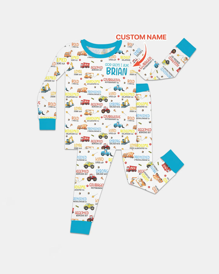 Personalized God Says I Am Little Builder Two Piece Long Sleeve Pajama Set