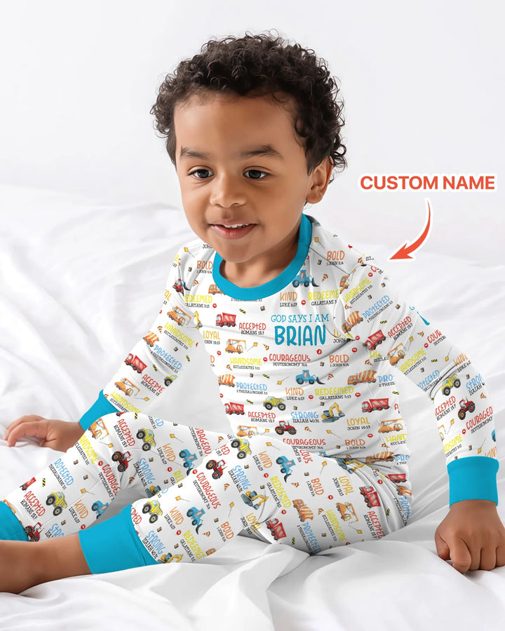 Personalized God Says I Am Little Builder Two Piece Long Sleeve Pajama Set