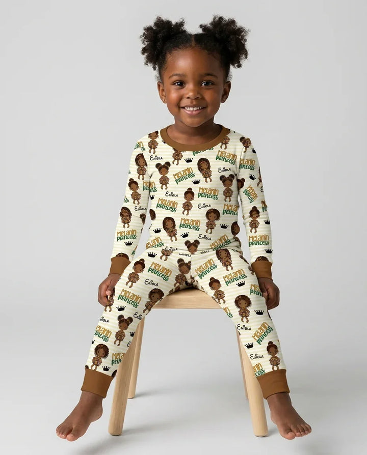Custom Name Melanin Princess Bamboo Two Piece Long Sleeve Pajama Set