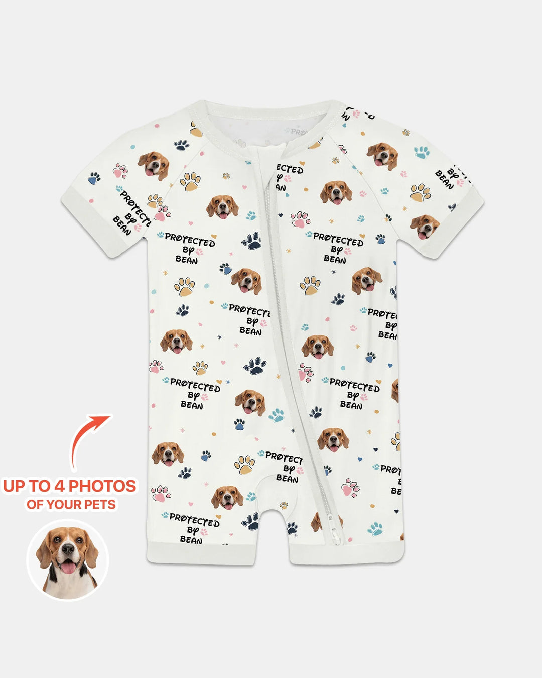 Custom Dog Photo Pattern "Protected By" Shorty Zippered Romper