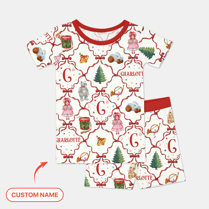 Vintage Christmas Toy Custom Name Girl Two Piece Short Sleeve Shorts Pajama Set , Vintage Christmas Toy Custom Name Girl Two Piece Short Sleeve Shorts Pajama Set - 12-18M