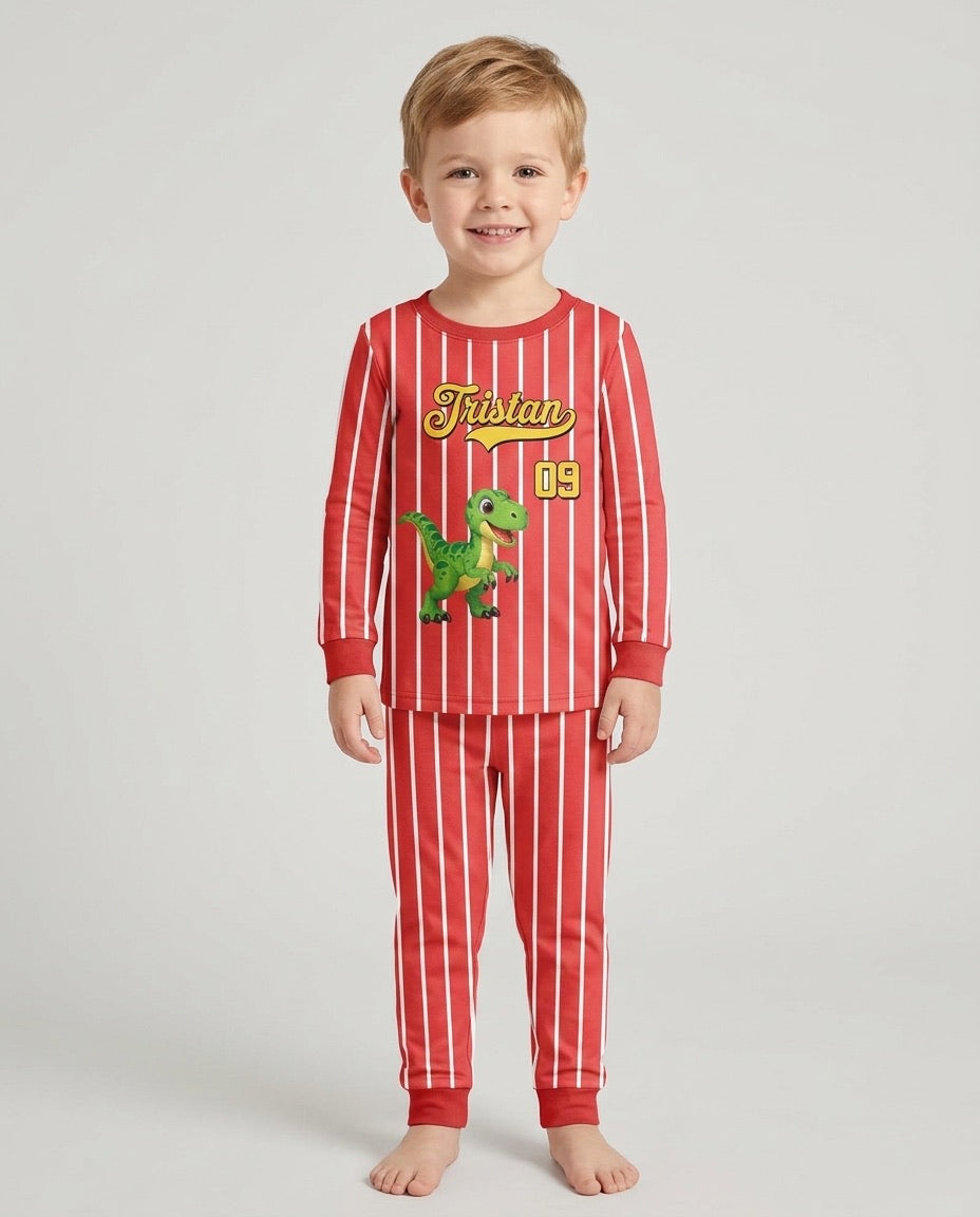 Personalized Retro Stripe Dinosaur T-Rex Bamboo Two Piece Long Sleeve Pajama Set