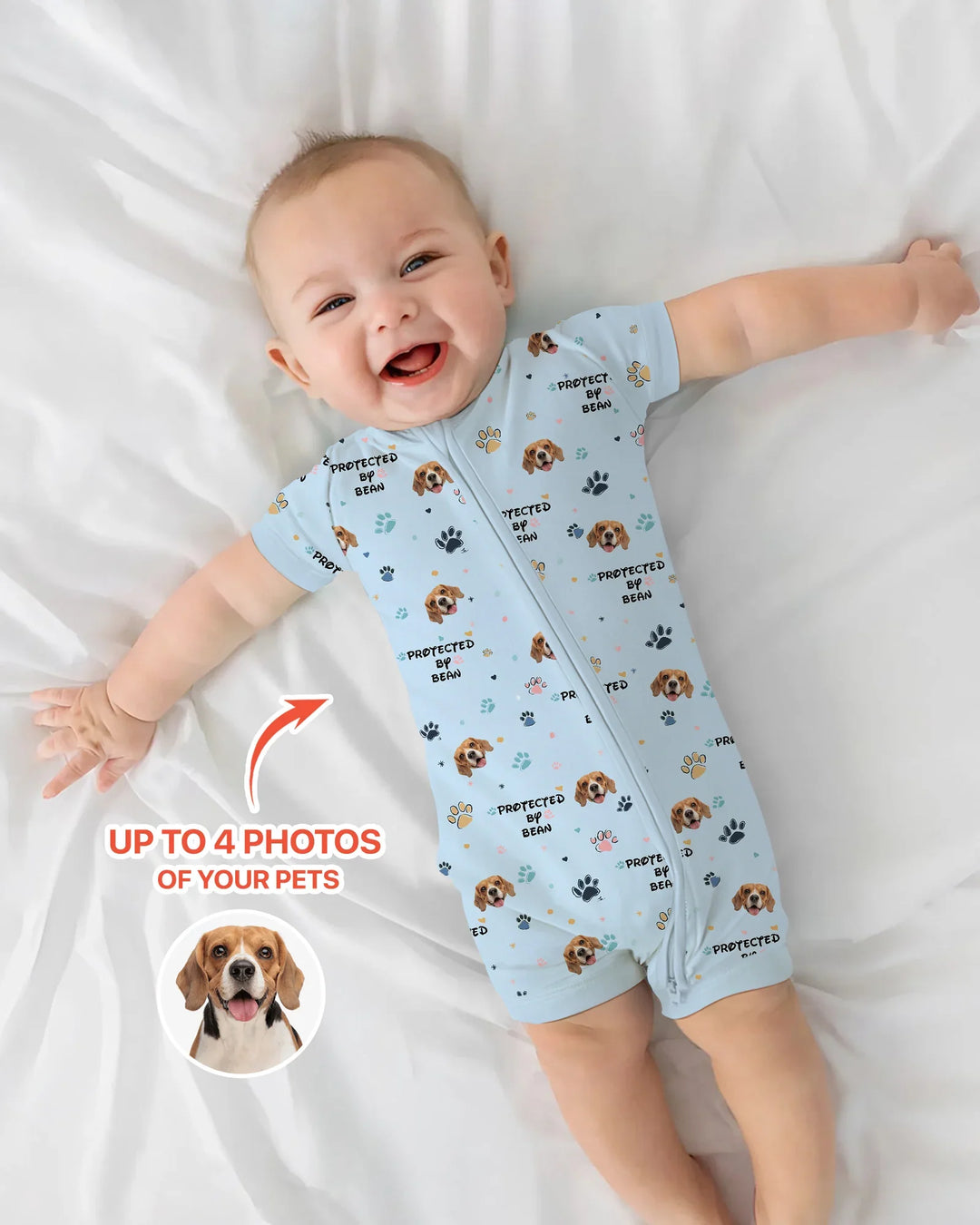 Custom Dog Photo Pattern "Protected By" Shorty Zippered Romper