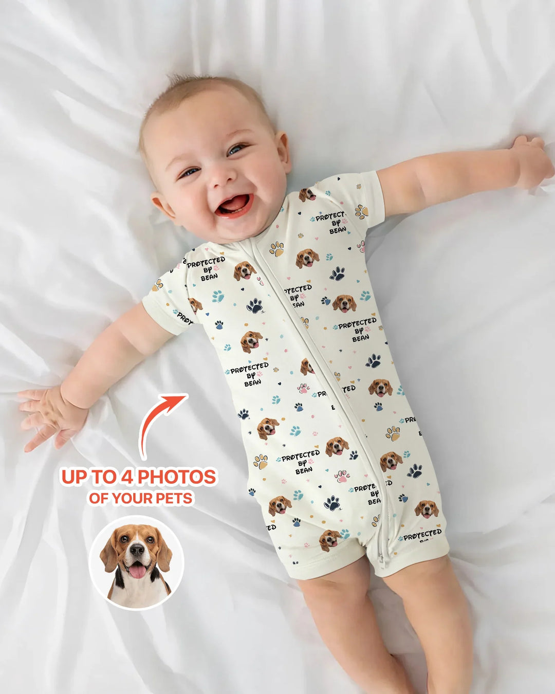 Custom Dog Photo Pattern "Protected By" Shorty Zippered Romper