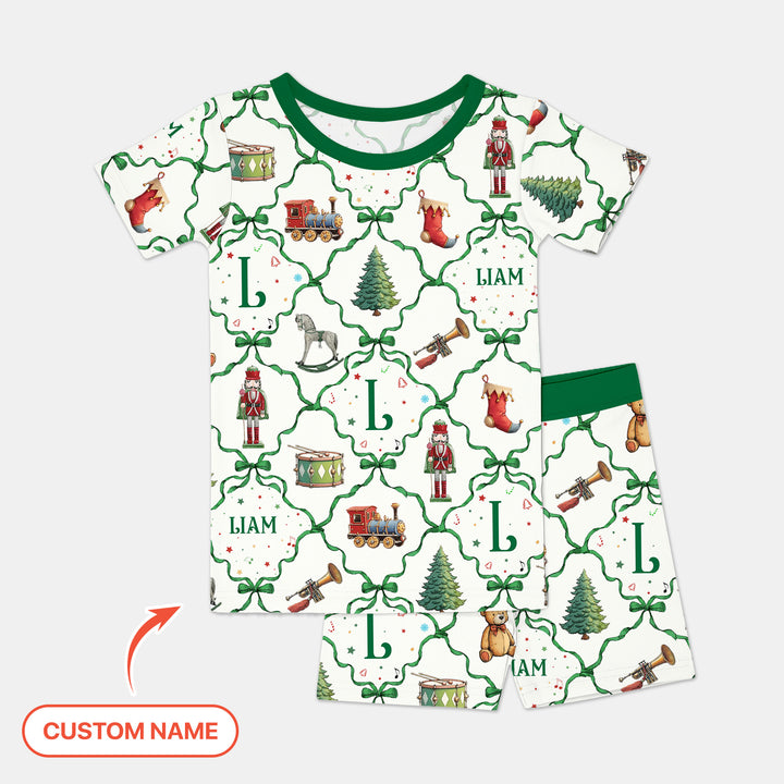 Vintage Christmas Toy Custom Name Boy Two Piece Short Sleeve Shorts Pajama Set , Vintage Christmas Toy Custom Name Boy Two Piece Short Sleeve Shorts Pajama Set - 12-18M