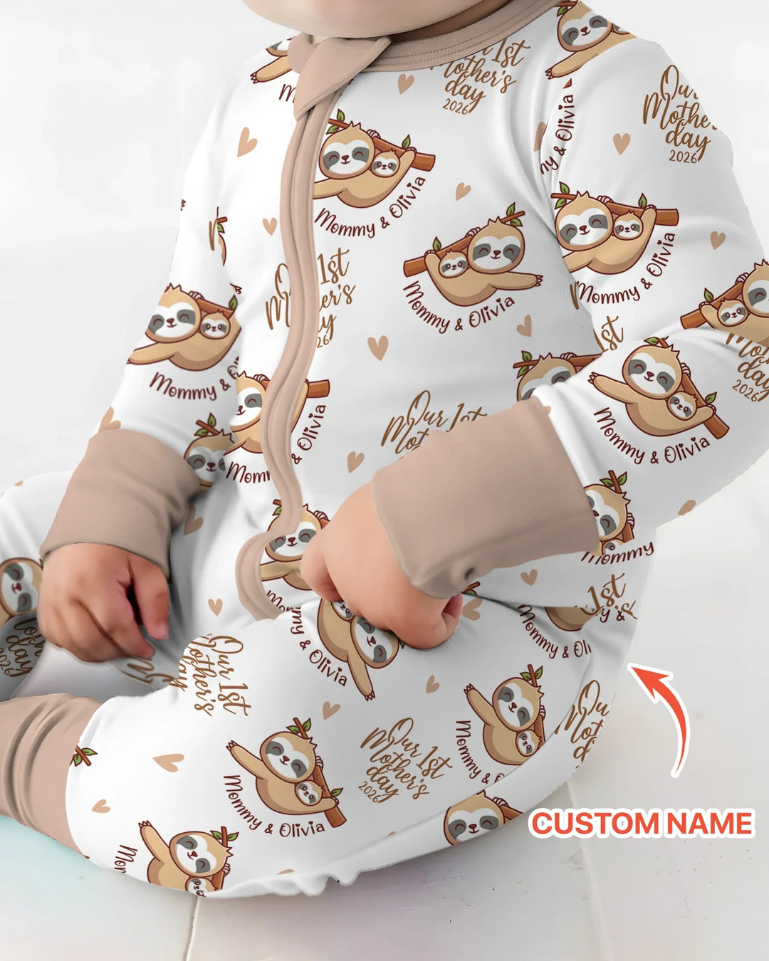 Custom Name Mama & Baby Sloth – Our First Mother’s Day 2026 Bamboo Convertible Zippy