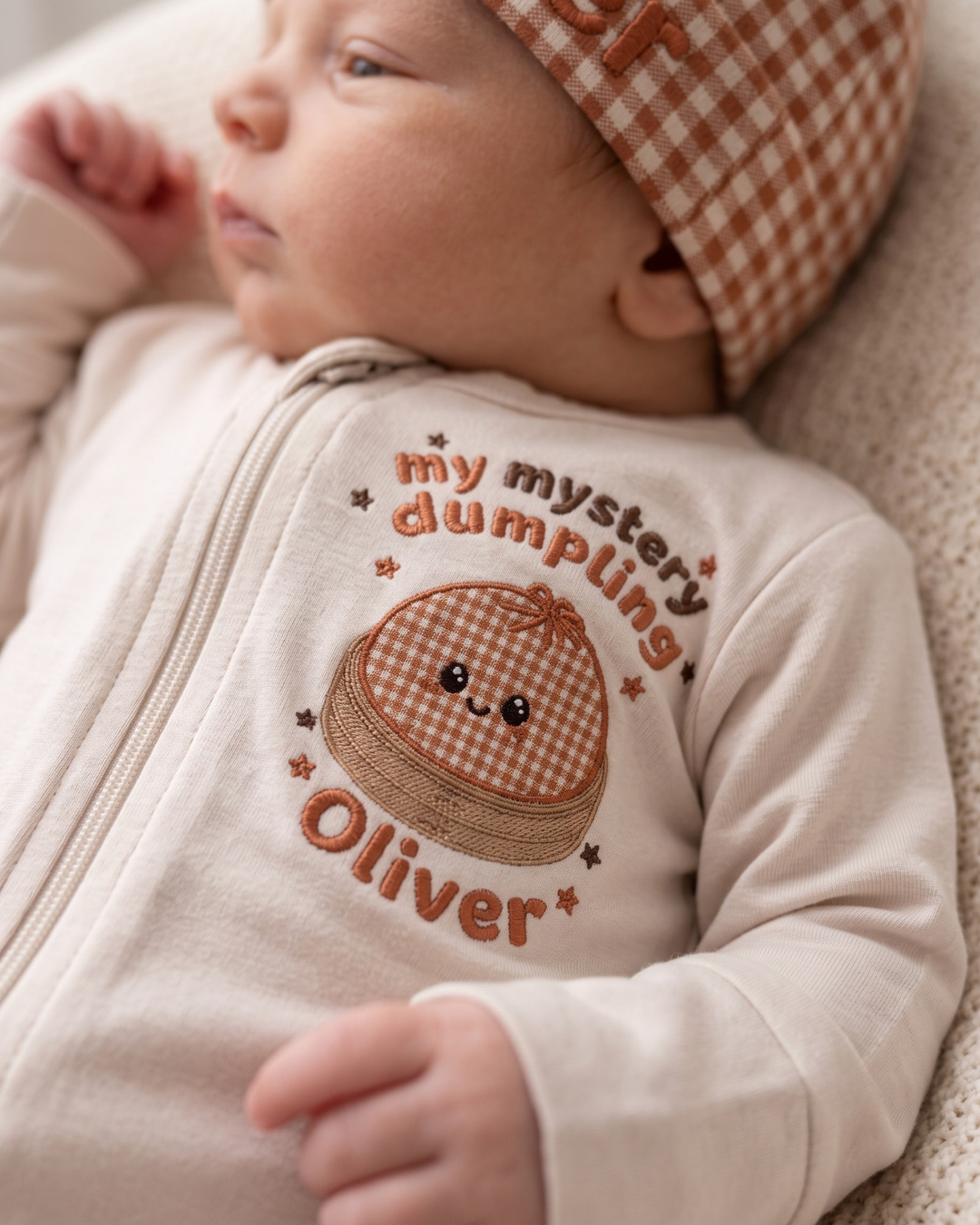 Custom Name My Mystery Dumpling Embroidered Bamboo Zipper Footie