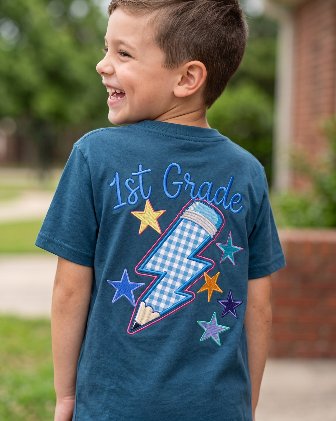 Custom Name First Grade Lightning Applique Embroidered Bamboo Crewneck T-Shirt