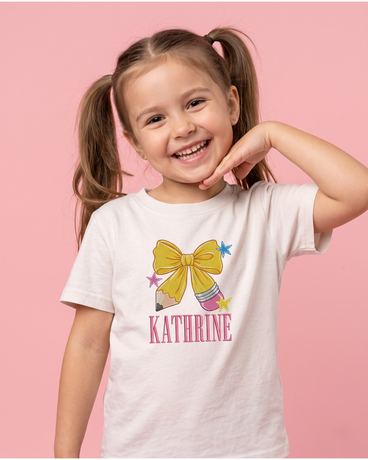 Custom Name Coquette Bow Pencil Embroidered Bamboo Crewneck T-Shirt