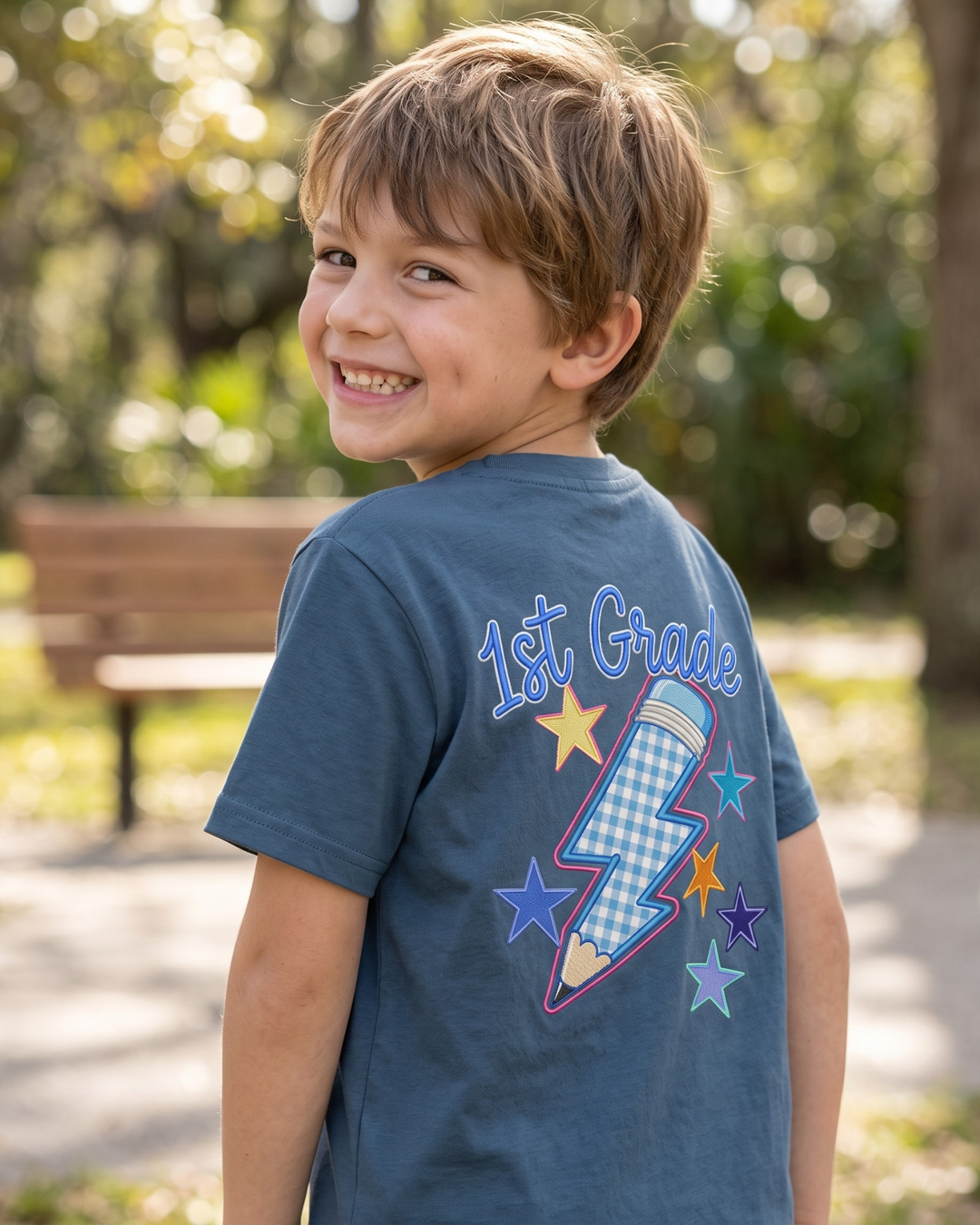 Custom Name First Grade Lightning Applique Embroidered Bamboo Crewneck T-Shirt