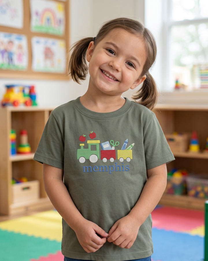 Custom Name Back to School Train Embroidered Bamboo Crewneck T-Shirt