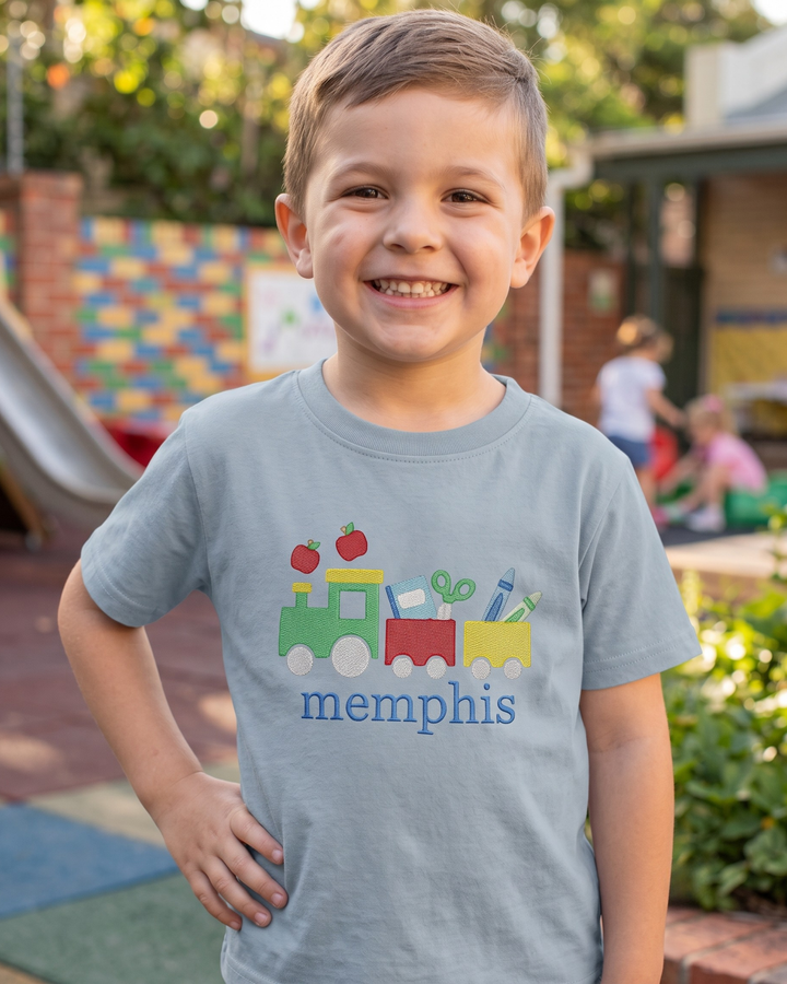 Custom Name Back to School Train Embroidered Bamboo Crewneck T-Shirt