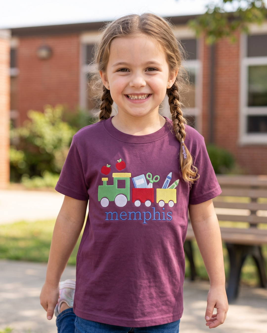 Custom Name Back to School Train Embroidered Bamboo Crewneck T-Shirt