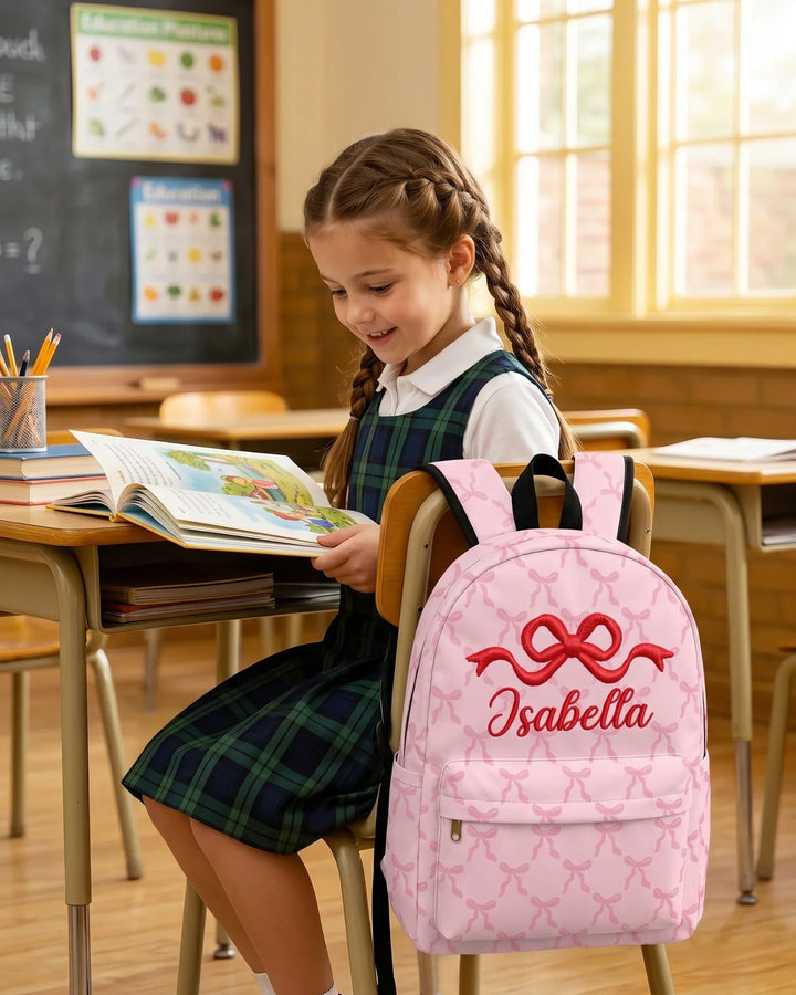 Custom Name Coquette Bow Embroidered Backpack