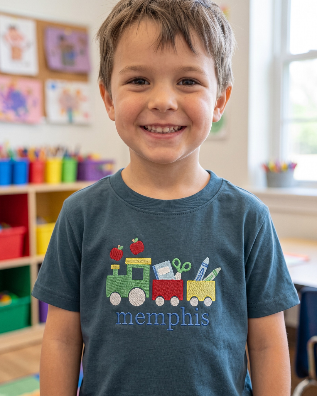 Custom Name Back to School Train Embroidered Bamboo Crewneck T-Shirt