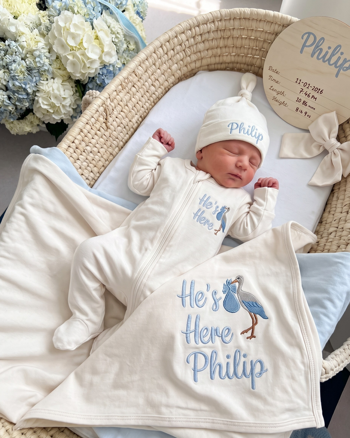 He's Here Embroidered Bamboo Welcome Home Bundle