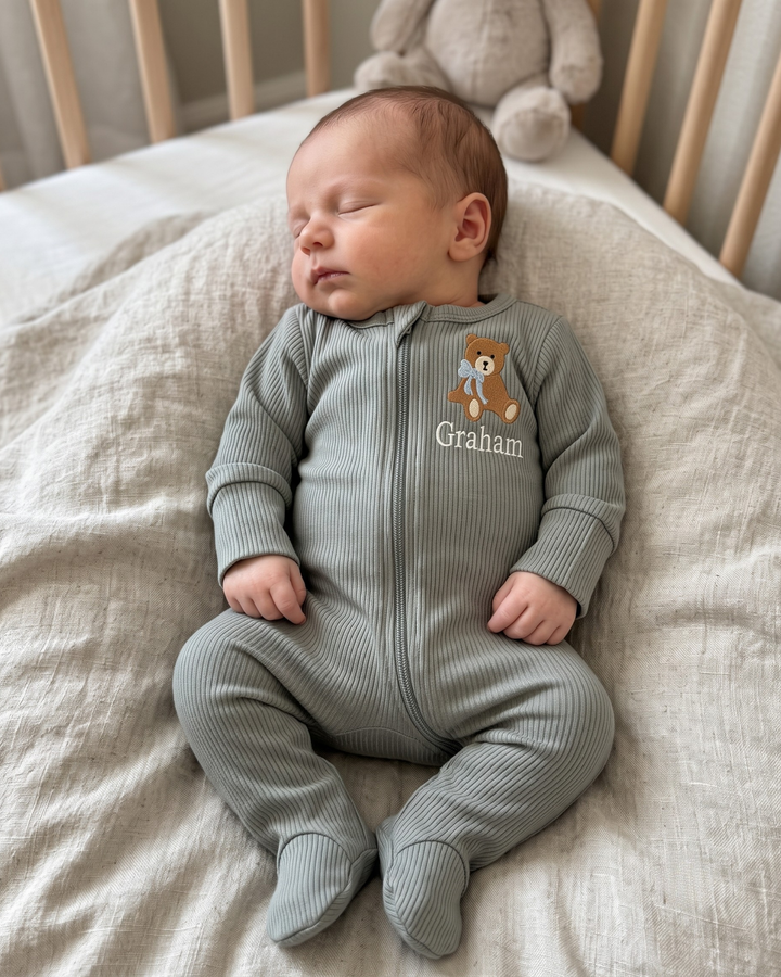 Personalized Teddy Bear Embroidered Ribbed Bamboo Zipper Footie